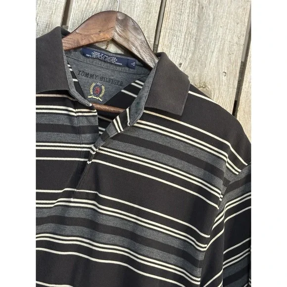 VTG Y2K TOMMY HILFIGER CREST LOGO PATCH Men Cotton Black Large Striped Polo - Picture 3 of 6